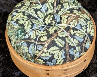 Handcrafted shaker pincushion with William Morris fabric