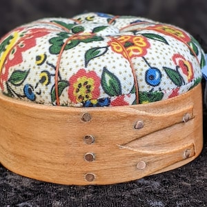 Handcrafted shaker pincushion base in cherry with Sajou fabric