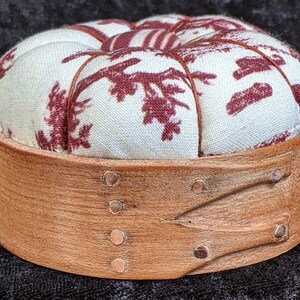 Handcrafted shaker pincushion base in cherry with Sajou fabric