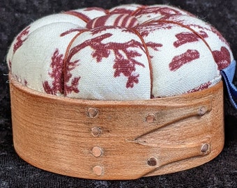 Handcrafted shaker pincushion base in cherry with Sajou fabric