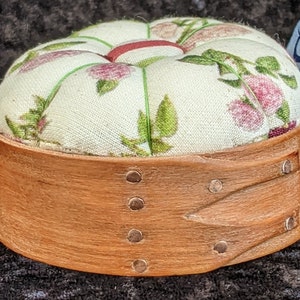 Handcrafted shaker pincushion base in cherry with Sajou fabric