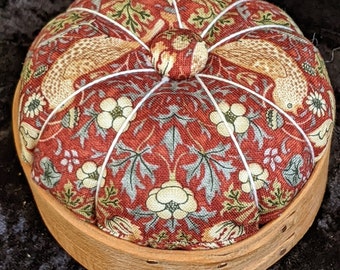 Handcrafted shaker pincushion with William Morris fabric