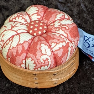 Handcrafted shaker pincushion base in cherry with Sajou fabric