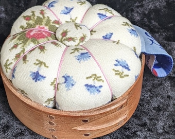 handcrafted shaker pincushion base in cherry with Sajou fabric