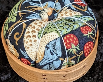 Handcrafted shaker pincushion with William Morris fabric