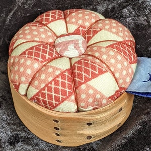 Handcrafted shaker pincushion base in cherry with Sajou fabric