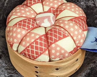 Handcrafted shaker pincushion base in cherry with Sajou fabric