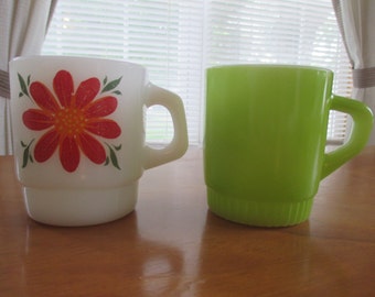 Fire King Green and Flower Stacking Mug Set of 2