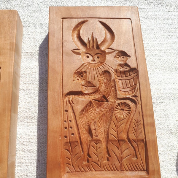 Hand carved pear wood gingerbread mold with krampus design