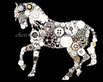 Button Art PRINT 8x10 de Button Orginial Artwork, diy, dressage, art de dressage, cheval, argent, pinto, noir et blanc, Swarovski, fabriqué aux Etats-Unis