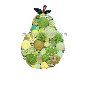 Button Art PRINT 5x7 of orginial Button Artwork, diy, Swarovski, pears, pear art, kitchen art, fruit, fruit art, food art, fruit made in USA image 1