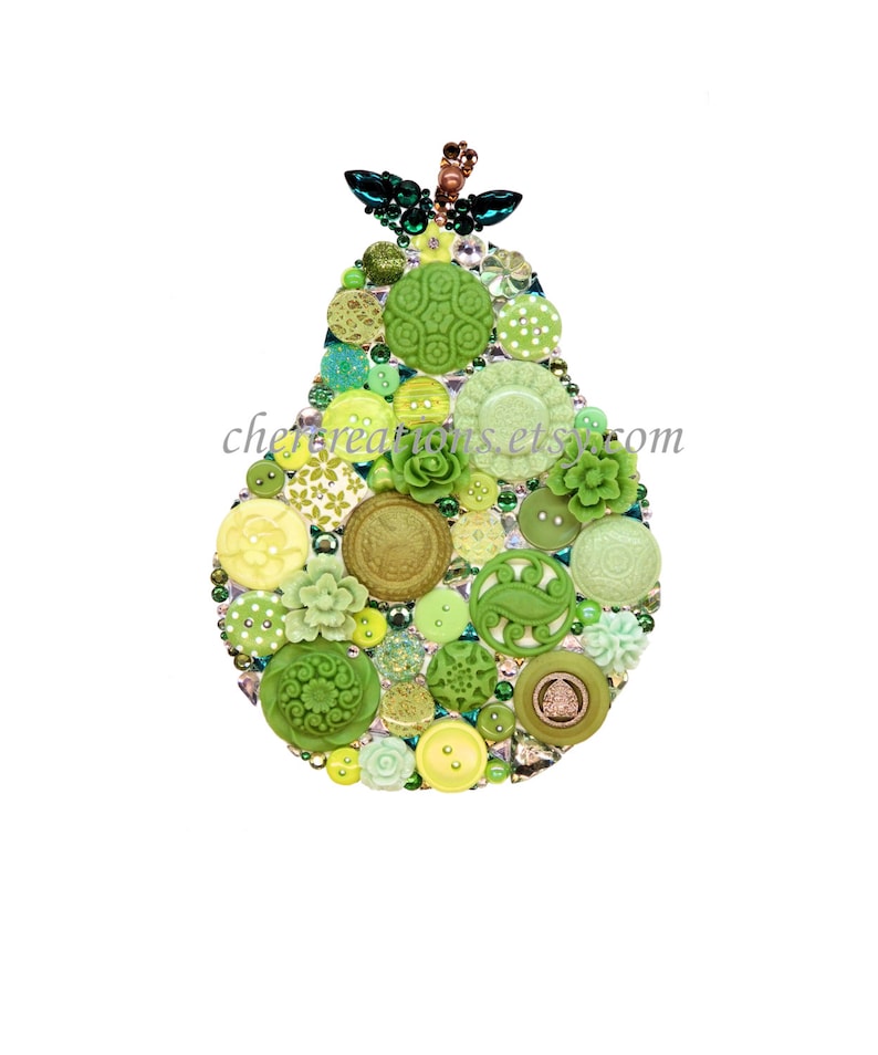 Button Art PRINT 5x7 of orginial Button Artwork, diy, Swarovski, pears, pear art, kitchen art, fruit, fruit art, food art, fruit made in USA image 1