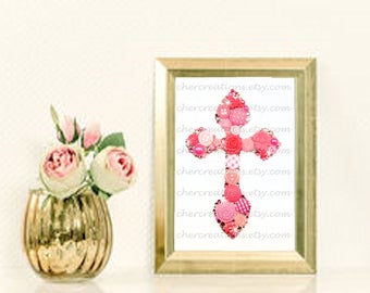 CROSS Pink 5x7 Button Art done in pink buttons, Button Art, Button Artwork, Kitchen Art, Swarvoski, buttons, crystals, art, wall art