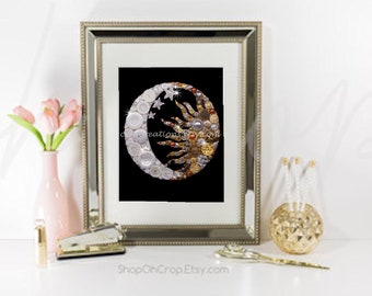 MOON & SUN 8x10 Button Art, Button Artwork, buttons, Swarovski, Zodiac, Love, Crescent Moon, moon art, wishes, made in USA
