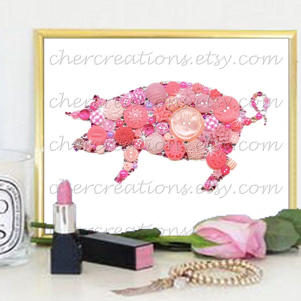 ROZE PIGGY #76, 8 x 10 knop Art knop Artwork, knop ideeën, knoppen, Swarovski, boerderij kunst, land Art, kleurrijke kunst, Pink Art, Knorretje