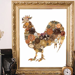 ROOSTER in Browns (#21) 8x10 Button Art, Button Artwork, Button ideas, Swarovski, rhinestones, diy ooak, made in usa, farm art, dairy art