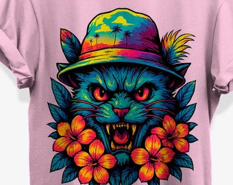 Creepy Floral Roaring Cat T-Shirt for Summerween Graphic Tees Fans | Unisex Cotton Shirt