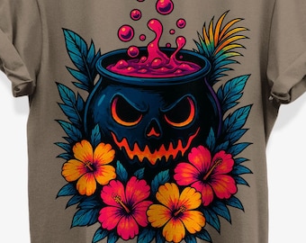Summer Halloween Cauldron T-shirt for Beach Goth Fashion Fans | Unisex Cotton Graphic Tee