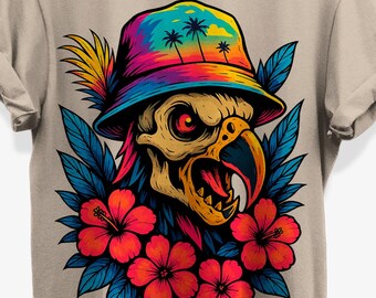 Creepy Parrot Floral Skull T-shirt for Tropical Horror Beach Fans | Unisex Cotton Graphic Tee