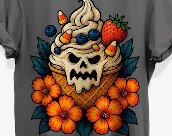 Creepy Ice Cream Skull T-Shirt | Summer Halloween Graphic Tee | Floral Goth Summerween Gifts