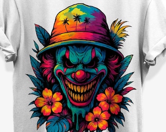 Tropical Creepy Clown T-shirt for Summer Horror Alt Fashion Fans | Unisex Cotton Graphic Tee