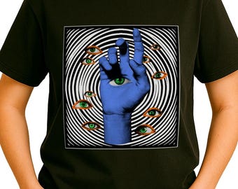 May include: Black t-shirt featuring a square graphic of a blue hand with an eye in the palm, surrounded by multiple eyes, set against a black and white spiral background. The shirt is a classic crew neck.