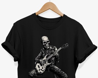 スケルトンギターTシャツ、カラースカルドレッドパンク、ユニセックス 