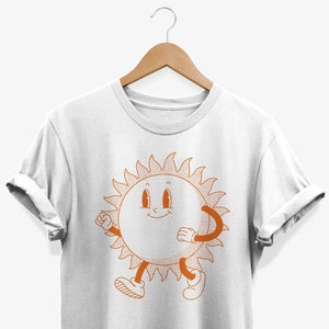 Retro T-shirt Happy Sun in cartoonstijl, vrolijk vintage cartoon zonnig T-shirt met print, grappig zonneschijnontwerp voor zomermodeliefhebbers
