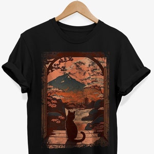 Camiseta de gato japonés, camiseta del monte Fuji, estilo retro, moda japonesa, camiseta con estampado de gato tranquilo, ropa con paisaje de atardecer