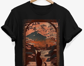 Camiseta de gato japonés: Atardecer en el Monte Fuji, estilo ukiyo-e