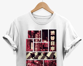 Camiseta de calle japonesa / Camiseta gráfica con collage de vida nocturna urbana / Ropa de estilo urbano / Ropa de calle japonesa