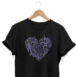May include: Black t-shirt featuring a purple and blue circuit board design in the shape of a heart.
