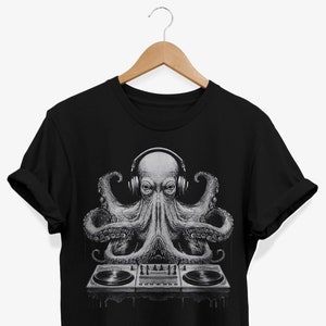 Octopus dj draaitafels koptelefoon raar T-shirt, eigenzinnig diepzee dier grafisch T-shirt, grappig dier artsy shirt, weirdcore geschenken