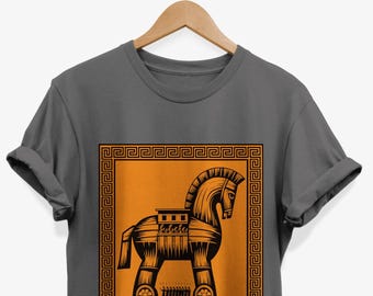 Trojansk häst grekisk mytologi T-shirt, keramikstil grafisk T-shirt, antikens Greklands kulturgåvor