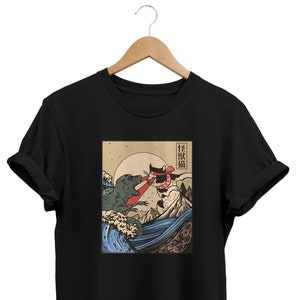 Vintage Japans T-shirt Monster Cat, Japanse streetwear, alternatieve kleding, kanji-outfit