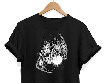 Mond Fledermaus Goth T-shirt: Schädel-Grafik-T-Shirt, Alternative E-Girl E-Boy Kleidung