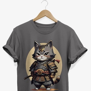 Kawaii Samurai Cat T-shirt | Japanese Kitten Warrior Graphic Tee | Anime Lovers Gifts
