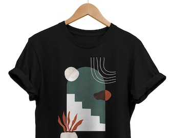 Camiseta minimalista con escaleras, camiseta gráfica abstracta artística, ropa artística geométrica de arte moderno, regalos bohemios