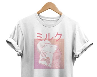 Pastel Strawberry Milk Tshirt, Japanese Aesthetic, Retrowave, Synthwave, Anime Clothes, Vaporwave shirt, Harajuku Clothing, Japan Streetwear