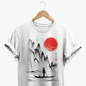 Camiseta con paisaje tradicional japonés y sol naciente, camiseta con gráficos artísticos minimalistas de cultura japonesa, ropa de naturaleza inspirada en el zen
