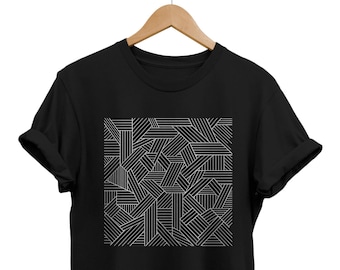 May include: Black t-shirt with a white geometric pattern design.
