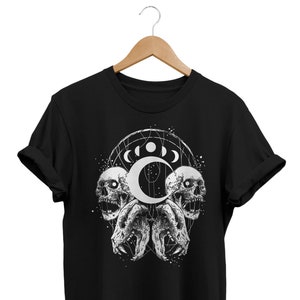 Gothic Animal Skulls Moon Phases Graphic Tee, Alternative Goth Style T-shirt, Creepy Alternative Clothing, Occult Clothes