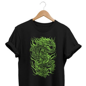 Green Dragon T-shirt, Japanese Aesthetic, Tattoo Art Outfit, Edgy Clothing, Kanji Apparel, Soft Grunge Clothes, Japan Streetwear, Urban tee