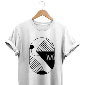 Camiseta abstrata minimalista, camiseta gráfica com formas geométricas artísticas, presentes estéticos de arte retrô dos anos 90