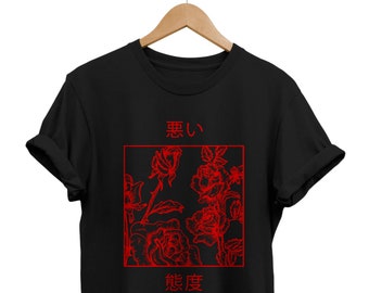 Japanese Red Roses T-Shirt, Kanji Text, Soft Grunge Streetwear