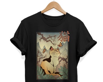 Vintage Cat T-shirt, Retro Japan shirt, Kawaii Cat shirt, Japanese Aesthetic, Kanji Apparel, Aesthetic Clothing, Anime Gifts,