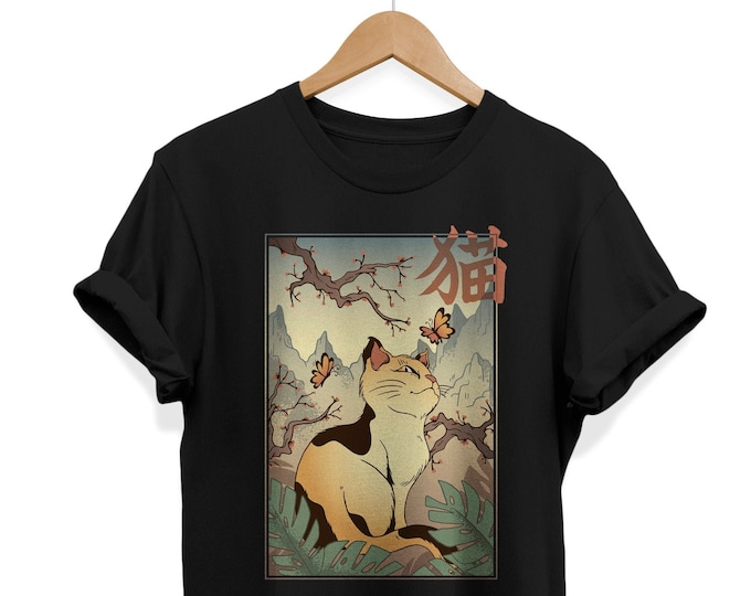Vintage Cat shirt, Retro Japan shirt, Kawaii Cat shirt, Japanese Aesthetic, Kanji Apparel, Aesthetic Clothing, Anime Gifts