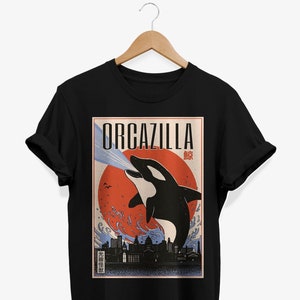 Camiseta con monstruo japonés Orcazilla, camiseta con gráfico retro de orca japonesa, regalos de ciencia ficción apocalíptica
