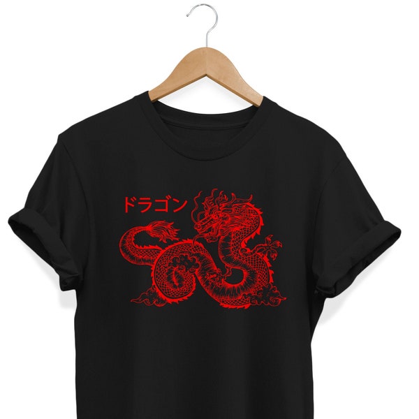 Japanese Aesthetic, Red Dragon T-shirt, Tattoo Art Outfit, Edgy Clothing, Kanji Apparel, Soft Grunge Clothes