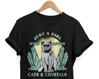 Just a Girl Who Loves Cats & Crystals, Witchy T-shirt, Soft grunge Shirt, Wicca Tee, Dark Academia Outfit, Witchcore Clothing, Boho Clothes